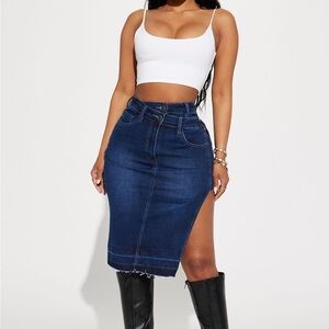 Made You Look Asymmetrical Slit Midi Skirt - Dark Wash